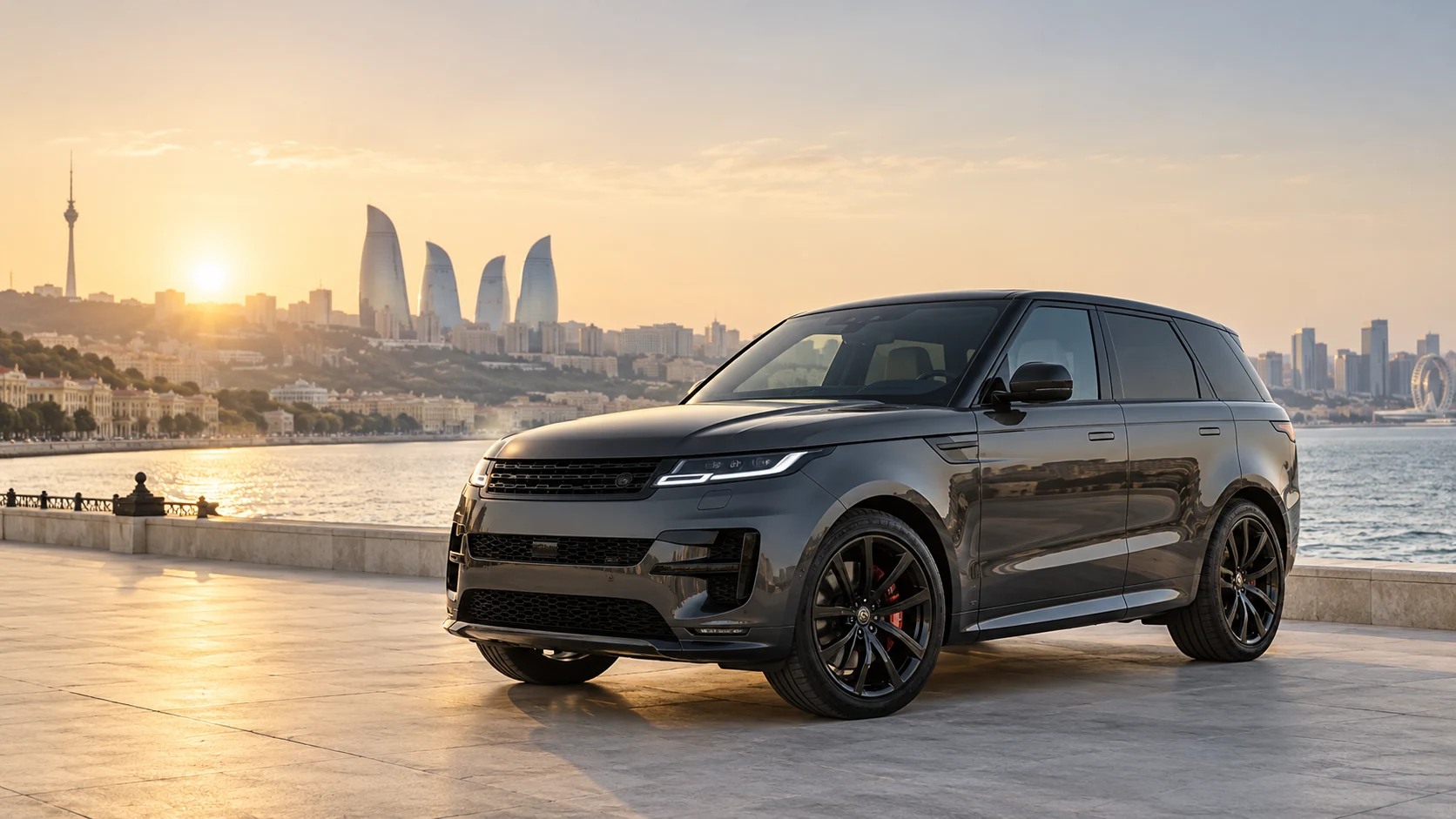 Illustration of a graphite SUV on Baku’s waterfront at sunrise